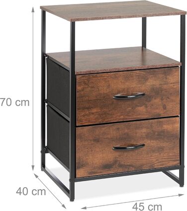 Relaxdays Nachttisch Industrial, 2 Ablagen, 2 Schubladen, Holzoptik, 70x45x40 cm, schwarz/braun