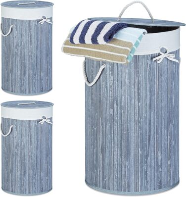 3x faltbare Wäschetonne Bambus, 70L, Baumwoll-Wäschesack, rund Ø 41 cm, grau/weiß, mit Deckel