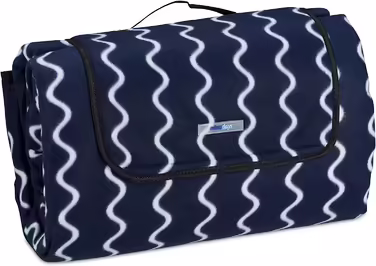 Relaxdays XXL Picknickdecke, 200x300 cm, Fleece Stranddecke, wärmeisoliert, wasserdicht, mit Tragegriff, dunkelblau/weiß
