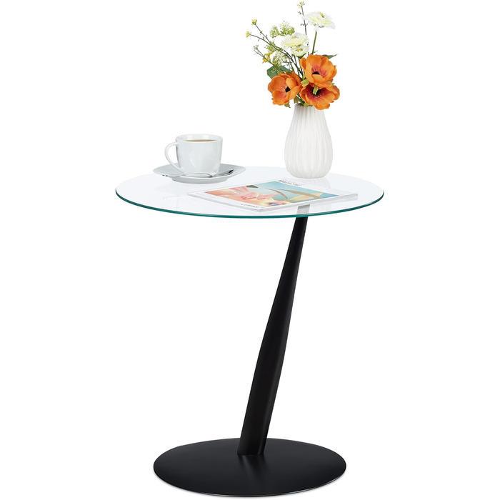 Relaxdays Beistelltisch, runder Couchtisch, H x D: 49 x 45 cm, Glas & Stahl, für Wohnzimmer, moderner Sofatisch, schwarz