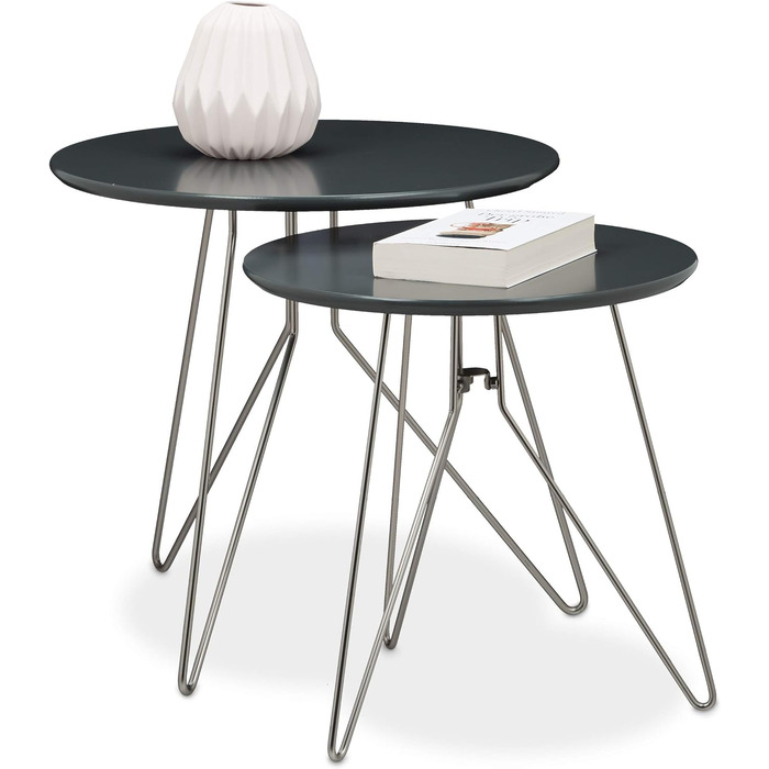 Relaxdays Beistelltisch 2er-Set, runde Satztische mit Metallgestell, Ablagetische, Tischplatte 40 u. 48 cm, MDF,  Standard (Grau)