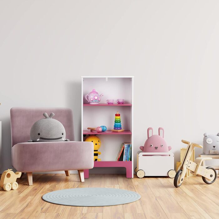 Relaxdays Kinderregal, 3 Fächer, HxBxT: 91x48x24 cm, für Bücher & Spielsachen, Spielzeugregal Kinderzimmer, weiß/rosa