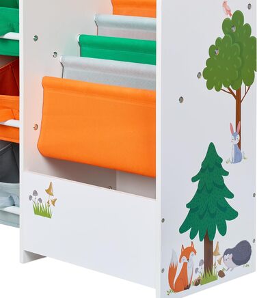 Relaxdays Kinderregal mit 3 Boxen, 4 Taschen, 1 Fach, HBT: 64x64x30 cm, Spielzeugregal Kinderzimmer, bunt