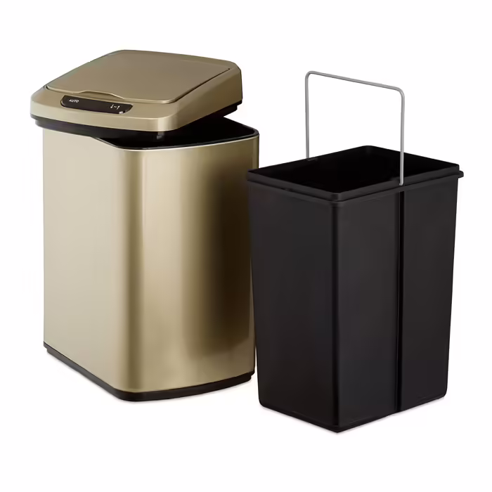 Relaxdays Sensor Mülleimer 12l, eckiger Abfalleimer mit Deckel & Inneneimer, Küche & Bad, Automatik Mülleimer, (Gold)