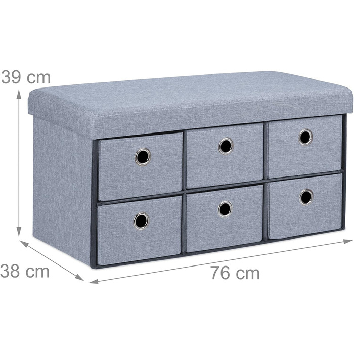 Relaxdays Sitzbank mit Stauraum, 6 Schubladen, Sitzpolster, faltbar, 39x76x38 cm, grau