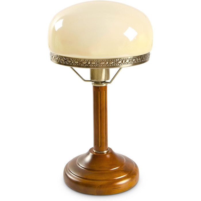 Relaxdays Tischlampe Rund Holzfuß Nostalgie Jugendstil Look, beige/Messing-Optik 10016611, Antik Single