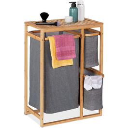 Relaxdays Wäschekorb Regal, Bambus, 3 Fächer, 70x50x30,5 cm, Badregal mit Wäschesammler, natur/grau