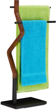 Relaxdays Handtuchhalter, 2 Stangen, für Hand- & Geschirrtücher, Holz & Metall, schwarz/braun