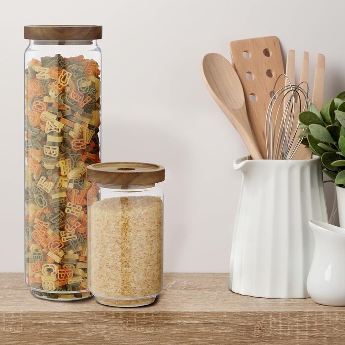 Relaxdays Vorratsdosen, 300-1500 ml, Drehverschluss, Glas/Akazie, braun/transparent, 5er Set