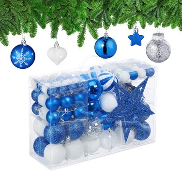 Relaxdays Weihnachtskugeln 101er Set, Kunststoff, Baumdeko mit Kugeln & Spitze, rosa/weiß (Blau)