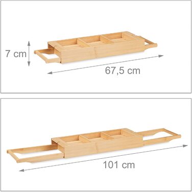 Relaxdays Badewannenablage Bambus, ausziehbar 67,5-101 cm, Badewannenbrett mit Füßen, 3 Fächer & 2 Rasiererhalter, Natur