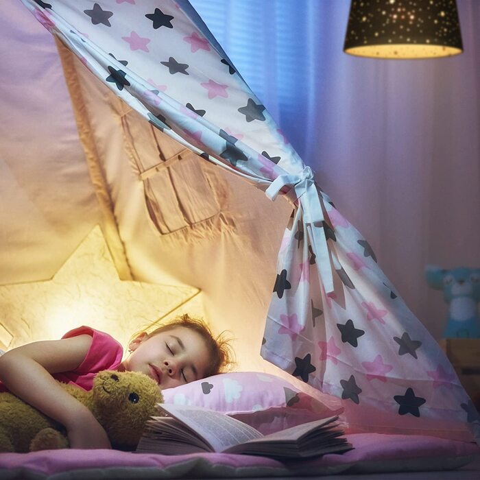 Relaxdays Kinderzimmerlampe Sterne, hängende Schirmlampe für Mädchen, Sternenhimmel Motiv, E27, runder Stoffschirm, rosa, 122