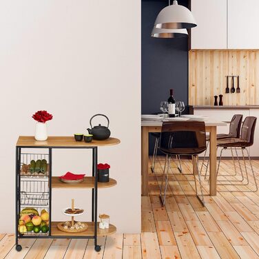 Relaxdays Servierwagen, 3 Ablagen & Körben, Industrial, Metall & MDF, 84x83x37 cm, weiß/braun, Design C