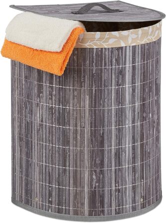 Relaxdays Wäschekorb Bambus, 30 l, faltbar, halbrund, mit Deckel, grau, für Bad & Schlafzimmer