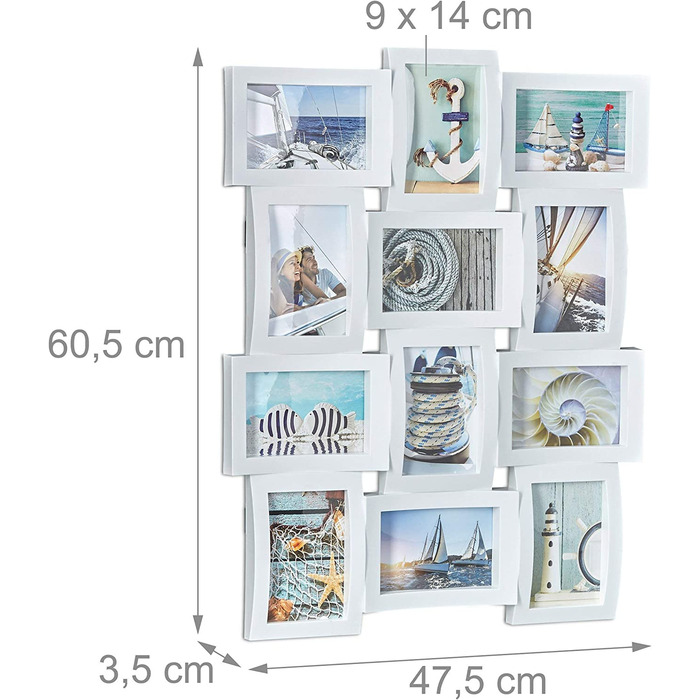 Relaxdays Bilderrahmen für 12 Fotos, Galerierahmen für Collagen, Mehrfachbilderrahmen, HBT: 60,5 x 47,5 x 3,5 cm, weiß
