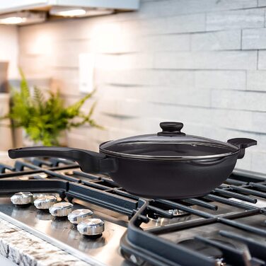 Relaxdays pfanne mit Glasdeckel 30 cm,  mit Antihaftbeschichtung für Gas-, Elektroherd, Griff, 4 Liter, schwarz (Wok Induktion)