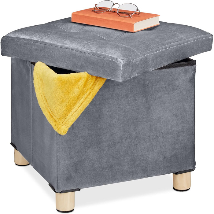 Relaxdays Samthocker mit Stauraum, Tablett, Holzbeine, eckig, HBT: 35x38x38 cm, Holz (Hellgrau)