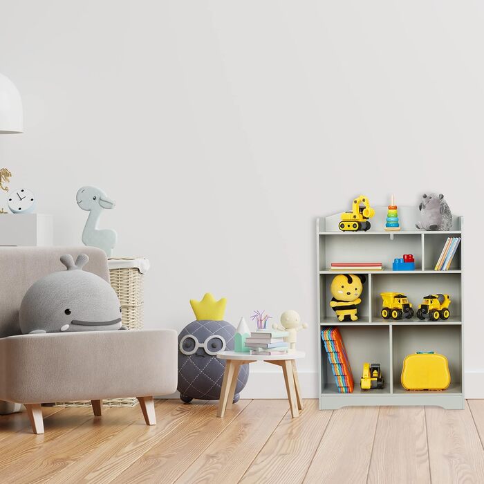 Relaxdays Kinderregal, HxBxT: 100 x 71,5 x 34 cm, 7 Fächer, MDF, Aufbewahrungsregal Kinderzimmer, Spielzeugregal, grau