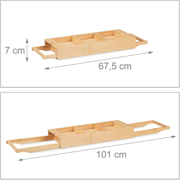 Relaxdays Badewannenablage Bambus, ausziehbar 67,5-101 cm, Badewannenbrett mit Füßen, 3 Fächer & 2 Rasiererhalter, Natur