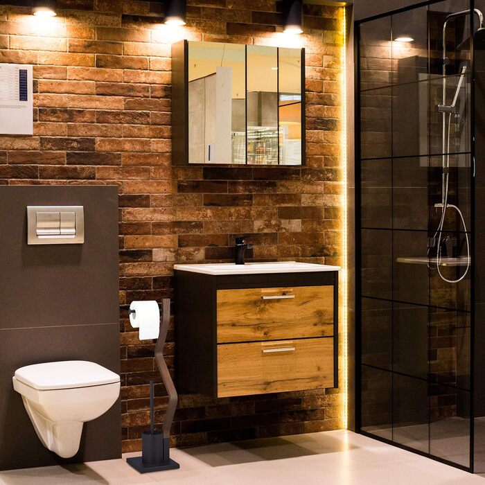 Relaxdays WC Garnitur Holz/Stahl mit Bürste 75x18,5 cm, schwarz/braun & 5er Set WC Bürstenkopf 9,5 mm, schwarz
