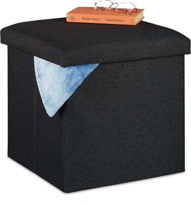Relaxdays faltbarer Sitzhocker mit Stauraum, gepolstert, eckig, Stoff, 37x37,5x37,5 cm, schwarz