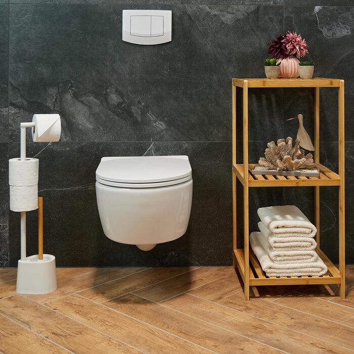Relaxdays WC Garnitur, Bambus, Edelstahl, freistehender Klopapierhalter, Toilettenbürste, (Weiß)