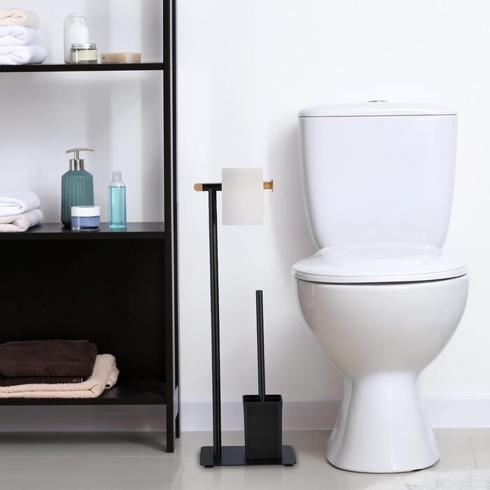 Relaxdays WC Garnitur, Bambus, Edelstahl, Klopapierhalter & Toilettenbürste mit Halter, schwarz/Natur