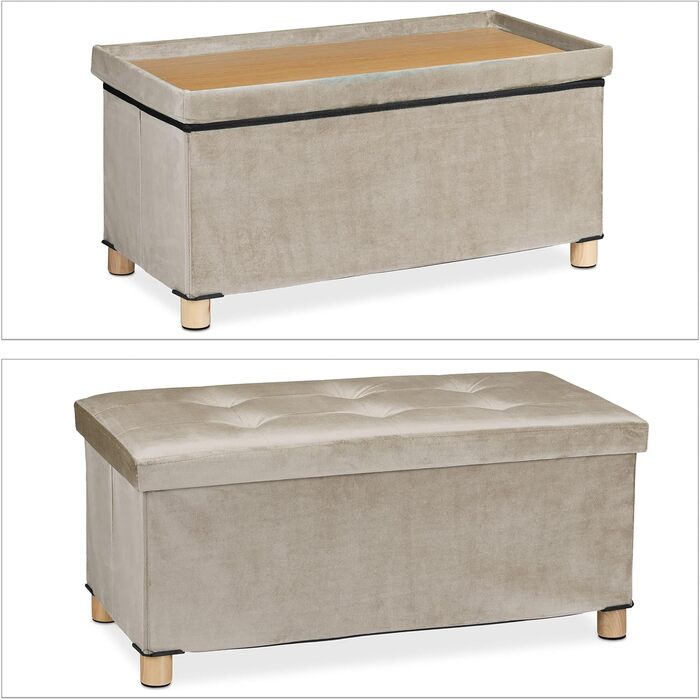 Relaxdays Sitzbank mit Stauraum, Samt, Holzfüße, bis 120 kg, faltbar, 34x76x38 cm, Creme