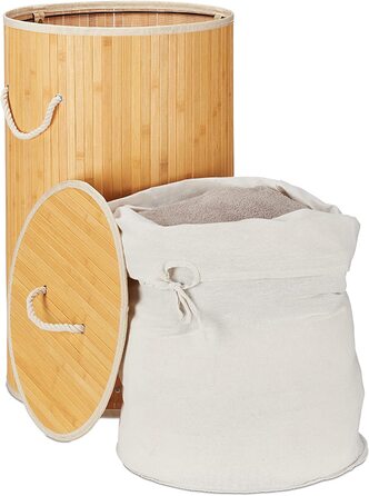 3x faltbarer Bambus-Wäschekorb mit Deckel, 70L, Baumwoll-Wäschesack, Ø 4cm, grau (Creme, Weiß, 3)