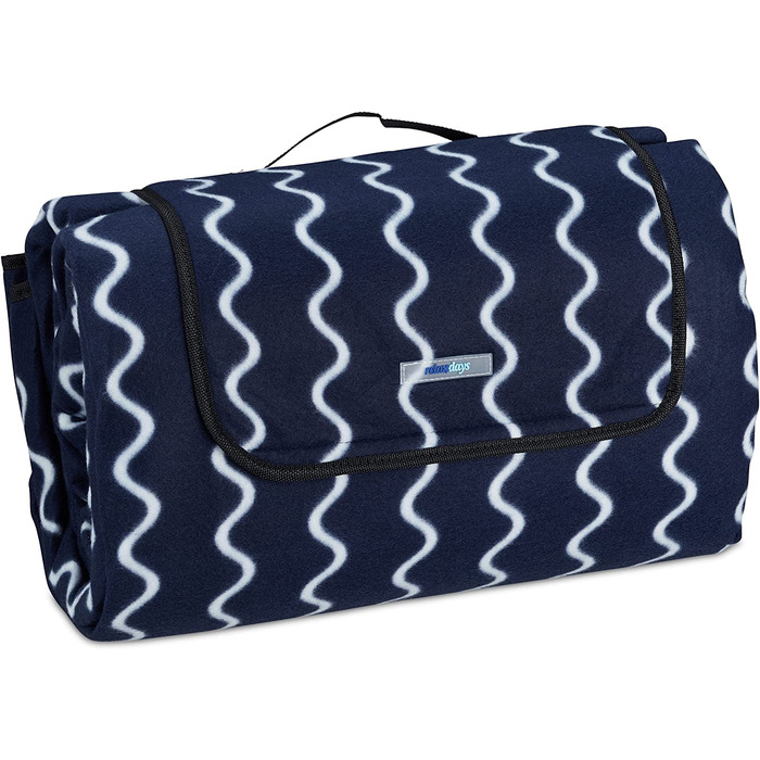 Relaxdays XXL Picknickdecke, 200x300 cm, Fleece Stranddecke, wärmeisoliert, wasserdicht, mit Tragegriff, dunkelblau/weiß