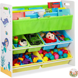 Relaxdays Kinderregal, 6 Boxen, 4 Stofffächer, Lagerfeuer Kindermotiv, Spielzeugregal HxBxT: 78 x 86 x 26,5 cm,  1 Stück (Meerjungfrau)