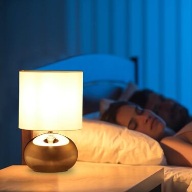 Relaxdays Tischlampe, runde Nachttischlampe mit Touch, HxD: 27,5 x 18 cm, E14, Tischleuchte mit Stoffschirm, silber/weiß