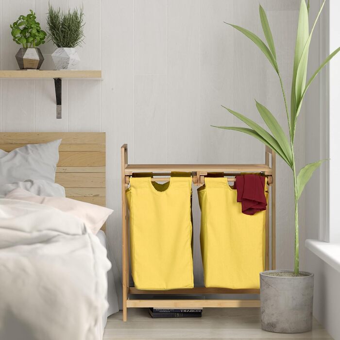 Relaxdays Wäschekorb Bambus, 2 Fächer, ausziehbar, 60L, Natur, 1 Stück