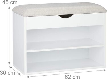 Relaxdays Schuhbank, gepolsterte Garderobenbank, 3 Fächer, aufklappbar, Schuhregal mit Sitzfläche, 45 x 62 x 30 cm, weiß, Holz, 1 Stück