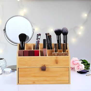 Relaxdays Kosmetik, Make up Organizer mit Schublade, Pinselhalter, Bambus, HxBxT: 19 x 25,5 x 12,5 cm, Natur