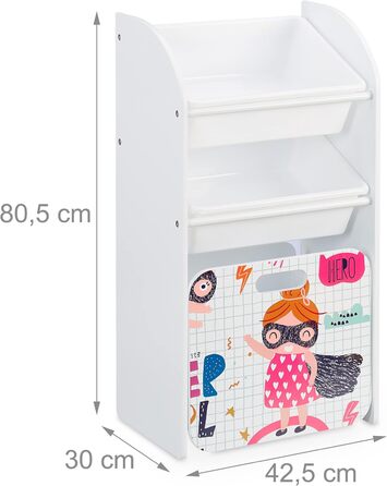 Relaxdays Kinderregal mit 3 Boxen, Heldin-Motiv, Kiste mit Rollen, 80,5x42,5x30 cm, schmales Spielzeugregal, weiß