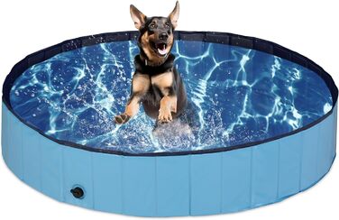 Relaxdays Hundepool, H x D: 30 x 160 cm, faltbar, mit Ablassventil, Hundeplanschbecken zur Abkühlung, PVC & MDF, blau
