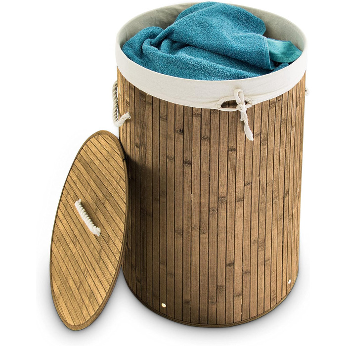 Relaxdays Wäschekorb Bambus, faltbar, Deckel, 70 l, Baumwoll-Wäschesack, rund Ø 41 cm, natur