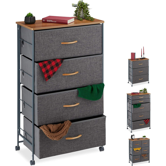 Relaxdays Roll-Schubladenschrank, 6 Stoffschubladen, Holzoptik, 74,5x58x30 cm, grau (Design B)