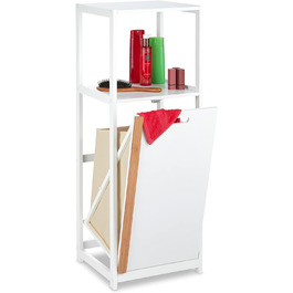 Relaxdays Badregal mit Wäschekorb, 2 Ablagen, kippbar, MDF & Bambus, 98x36x30 cm, weiß/natur