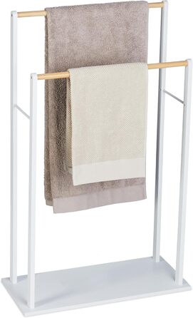 Relaxdays Handtuchständer, 2 Stangen, MDF & Bambus, 91,5x57x25 cm, freistehend, weiß/Natur