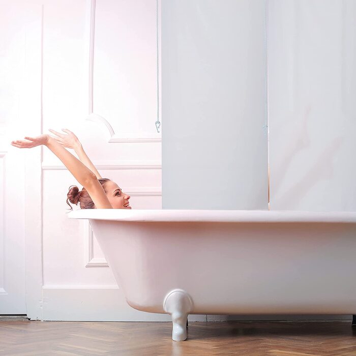 Relaxdays Duschrollo,  Seilzugrollo für Dusche & Badewanne, Decke & Fenster, Badrollo wasserabweisend, weiß, PVC, Aluminium, Kunststoff (60x240 cm)