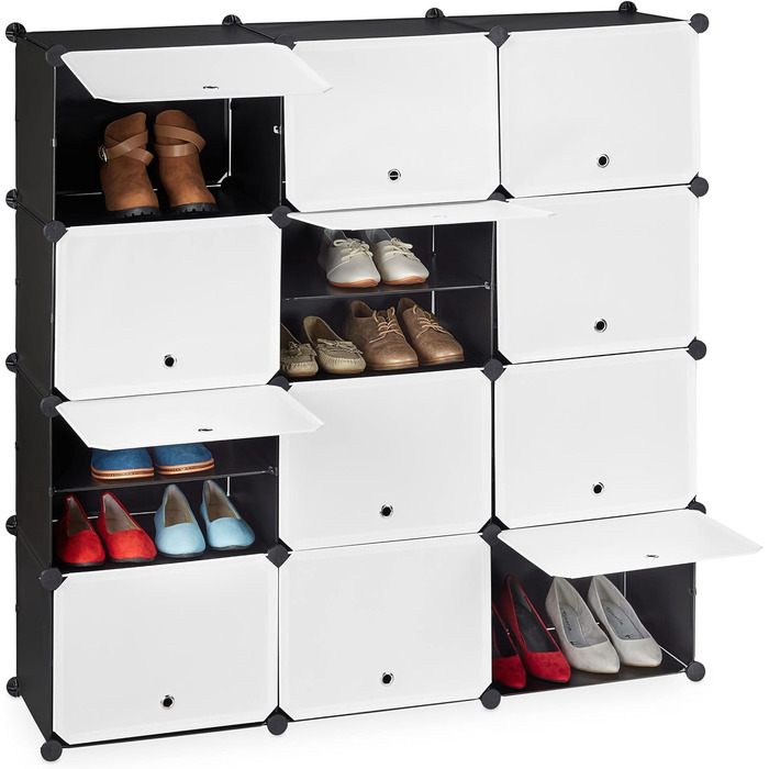 Relaxdays Schuhschrank, 24 Fächer, modular, Kunststoff & Metall, 125x125x32 cm, schwarz-weiß