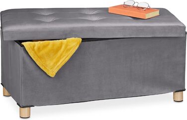 Relaxdays Sitzbank mit Stauraum, Samt, Holzfüße, bis 120 kg, faltbar, 34x76x38 cm, Anthrazit