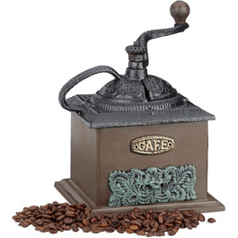 Relaxdays Kaffeemühle Vintage, Holz, Gusseisen, Handkurbel, Schubfach, 20x20x15cm