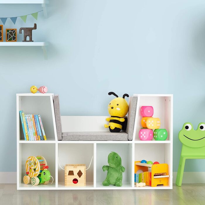 Relaxdays Bücherregal mit Sitzkissen, Kinderregal mit 6 Fächern, 63x103x30 cm, gepolstert, Sitzbank Kinderzimmer, weiß