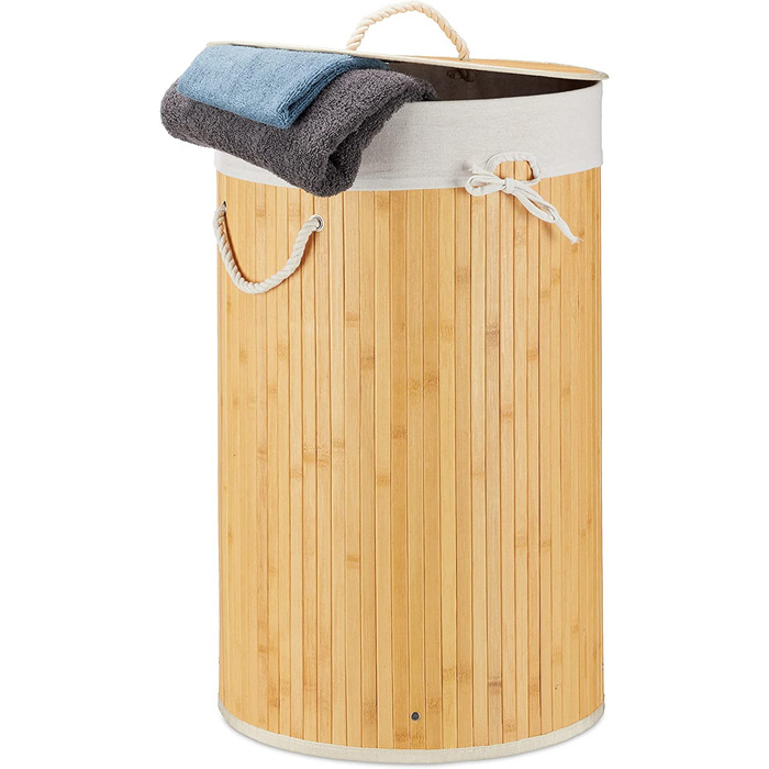 3x faltbarer Bambus-Wäschekorb mit Deckel, 70L, Baumwoll-Wäschesack, Ø 4cm, grau (Creme, Weiß, 3)