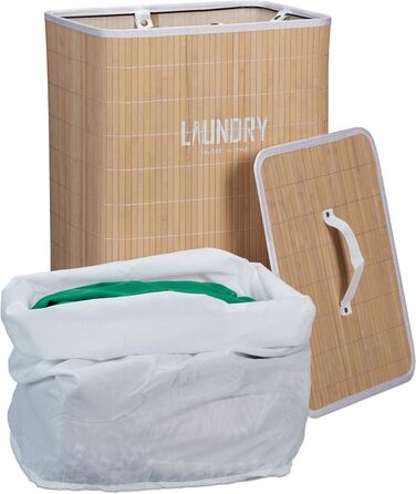 Relaxdays Wäschekorb Bambus, mit Deckel, 60 l, Wäschesack, faltbar, Wäschesammler mit Aufdruck, 60x40x30cm, Natur Natur Rechteckig