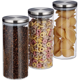 Relaxdays Vorratsglas 3er Set, 1,3 L, luftdicht, Edelstahl Deckel, Küchenbehälter