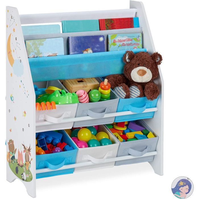 Relaxdays Kinderregal, Tiere Motiv, 6 Boxen, 2 Fächer, Kinderzimmer, Spielzeug Aufbewahrung HBT 74 x 62 x 31,5 cm, bunt, Holzwerkstoff, Lagerfeuer, 1 Stück